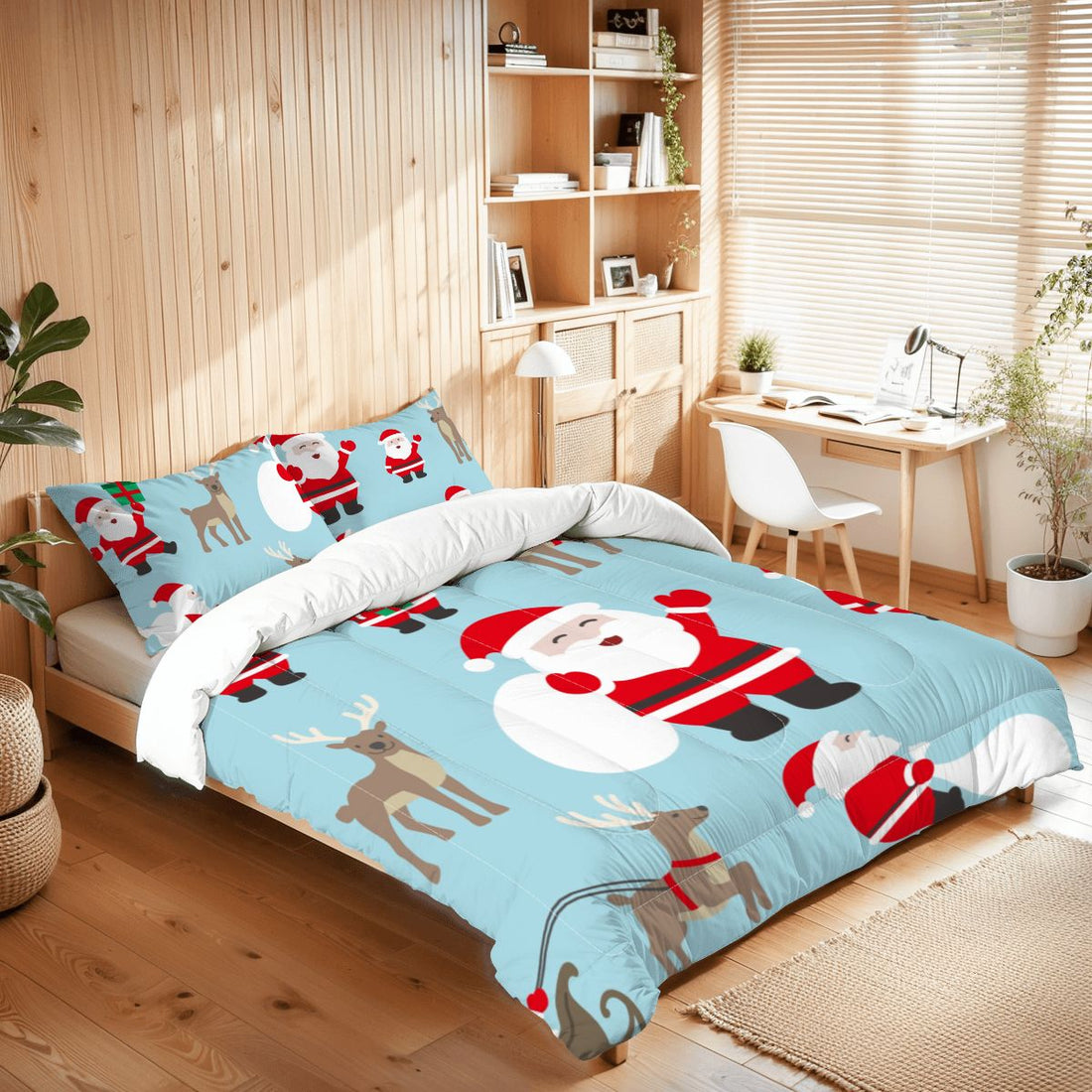 Blue Santa Claus Christmas Holiday Comforter Set Queen
