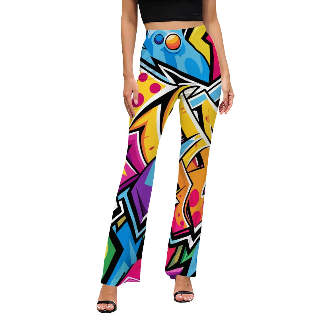 Graffiti Print High Waist Flared Pants Artistic Urban Style Trousers