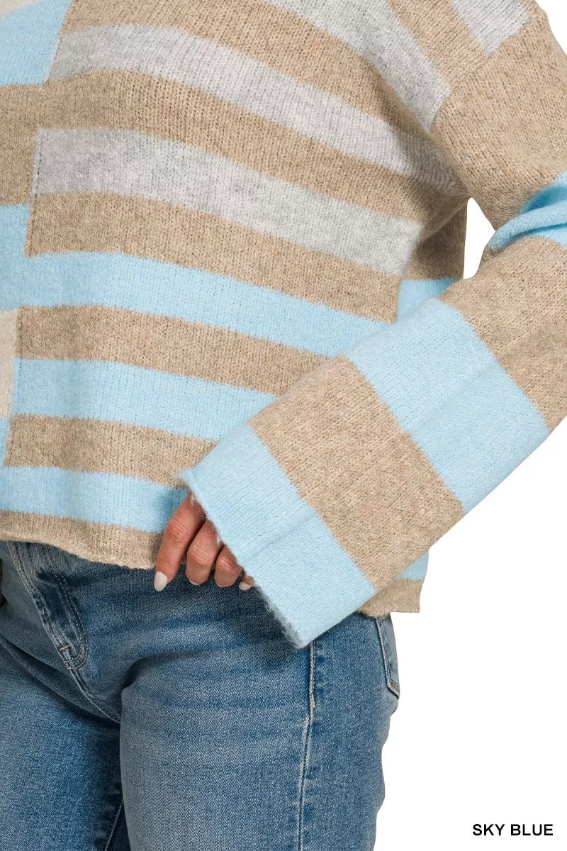 Lightweight wool-blend color block sweater, sky blue and beige with white stripes