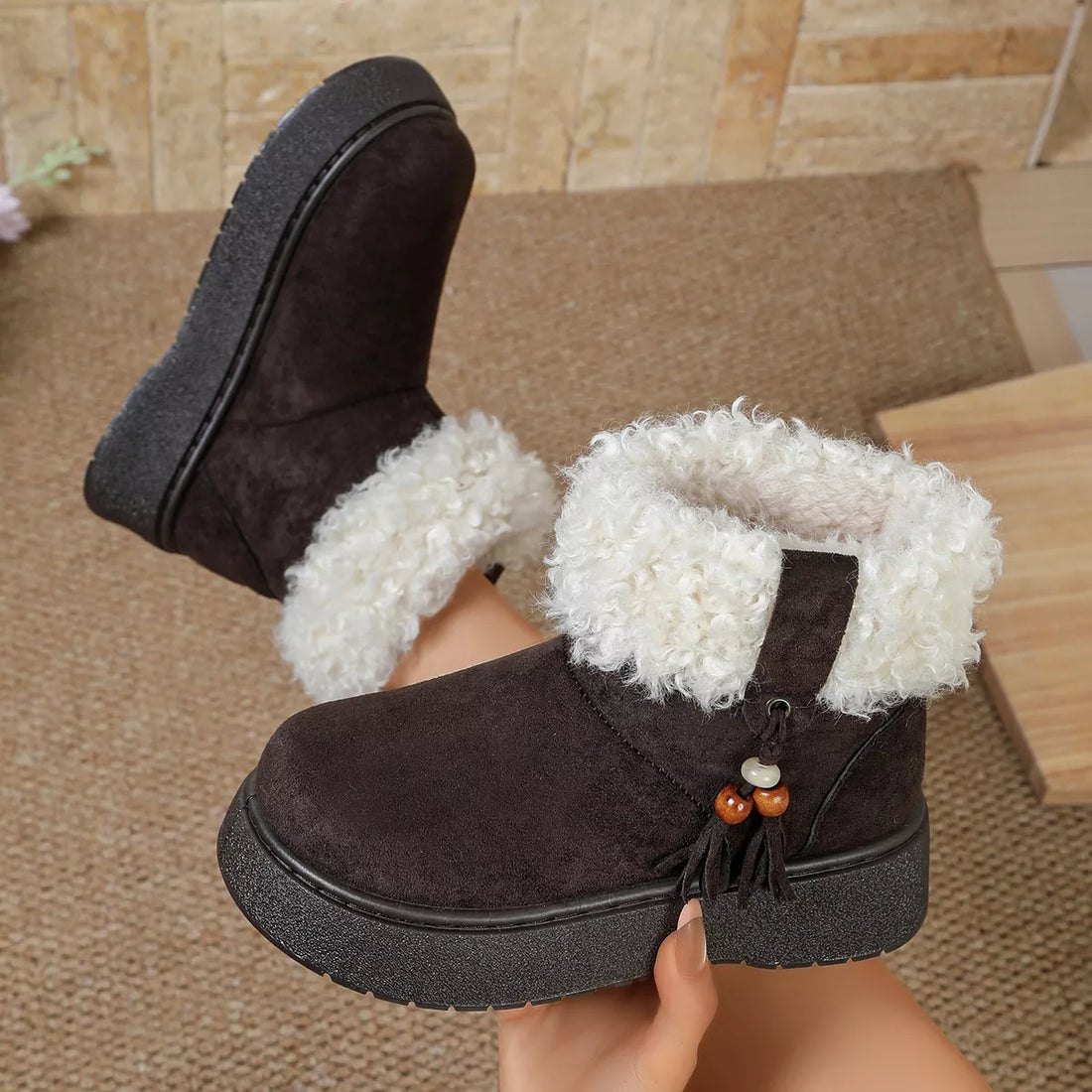Faux fur lined ankle boots, round toe, dark brown suede with white fuzzy cuffs and tassel charm