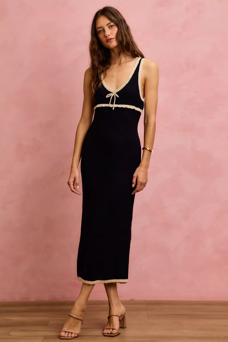 Black knit maxi sleeveless bodycon dress with oatmeal chest stripe and tie