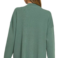 Teal-green knit sweater top back view with matching wide-leg pants