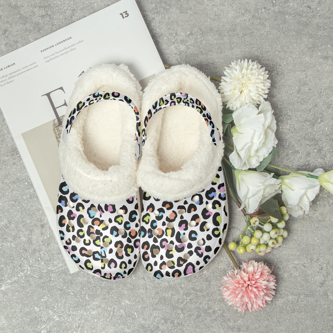 Multi Color Leopard Print White Base Lined Clogs