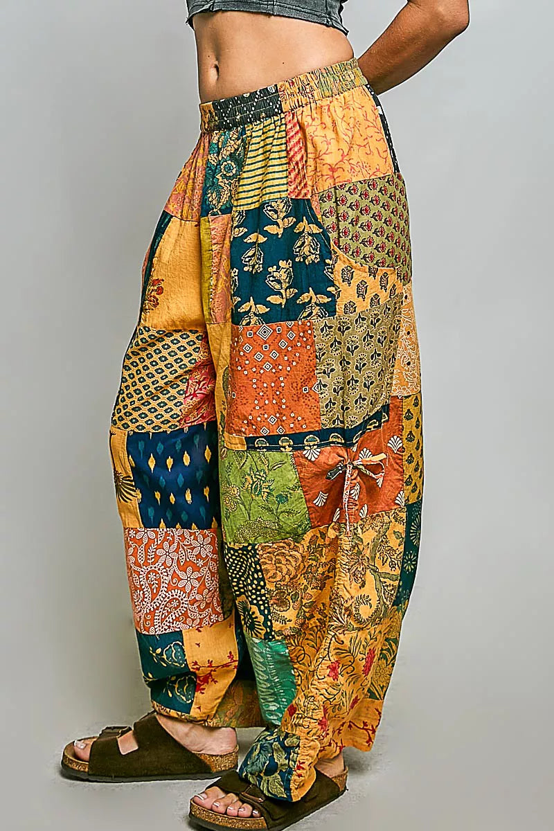 Patchwork wide-leg printed pants with elastic waistband and adjustable side drawstring