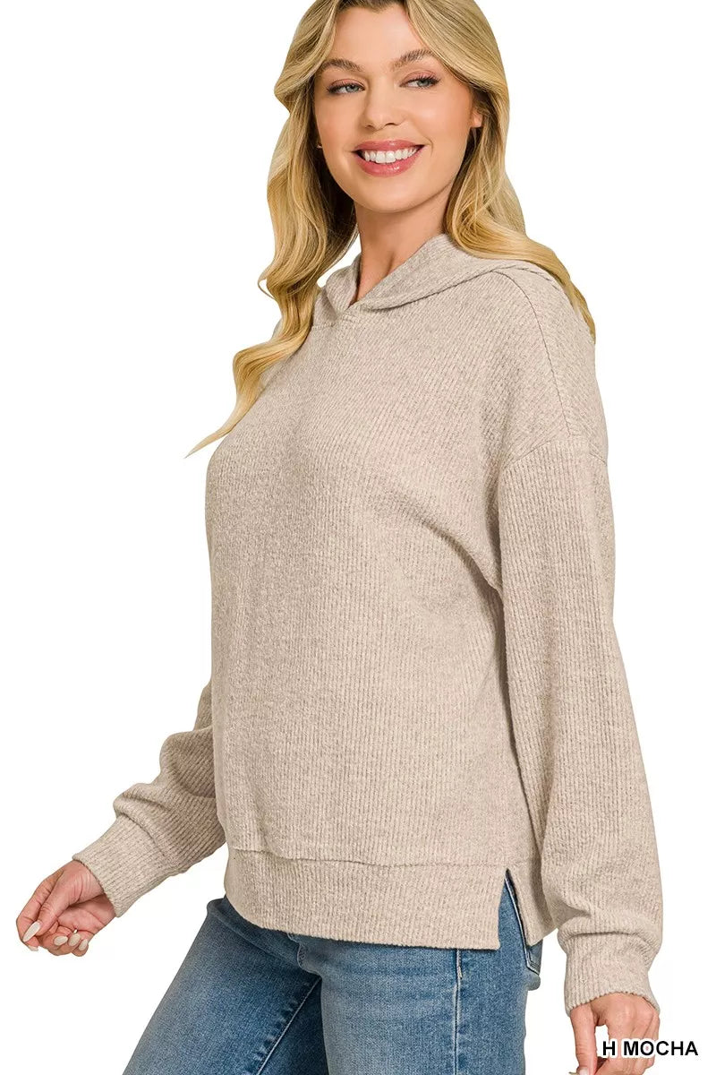 Brushed ribbed hacci hoodie pullover in heather mocha with hood and kangaroo pocket