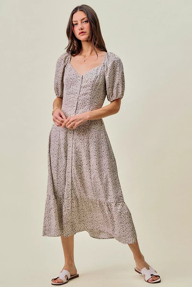 Ditsy floral maxi dress, square neckline, puff sleeves, elastic waist in off-white/black