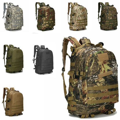 40L tactical backpack shown in multiple camouflage and solid color options, with MOLLE webbing