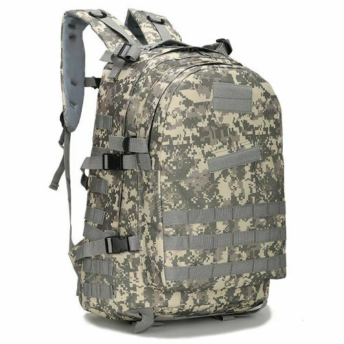 40L tactical backpack in gray digital camouflage with MOLLE webbing and padded shoulder straps