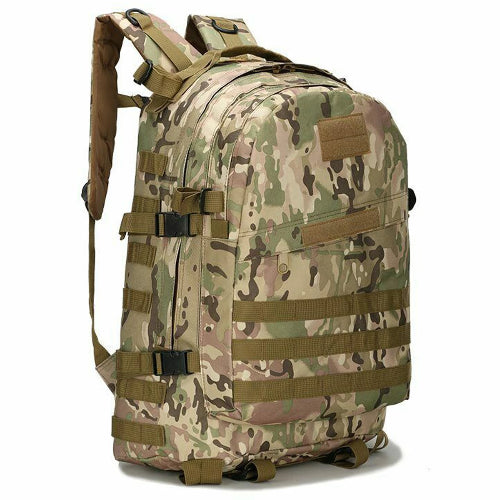 40L tactical backpack in tan and green camouflage with MOLLE webbing and multiple zip compartments