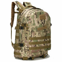 40L tactical backpack in tan and green camouflage with MOLLE webbing and multiple zip compartments