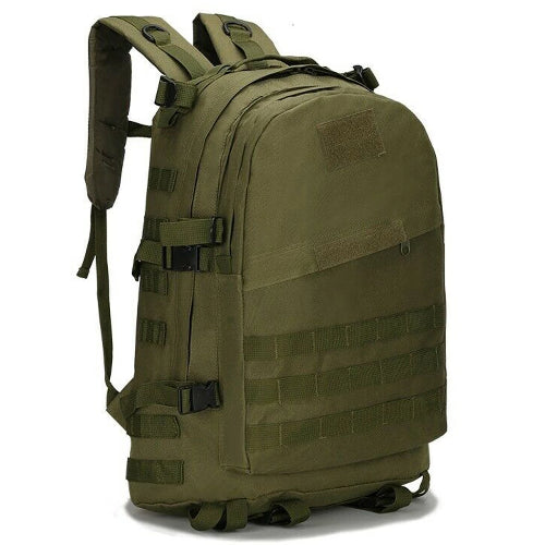 Olive green 40L tactical backpack with MOLLE webbing, zip compartments, and padded straps