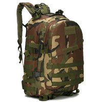 40L tactical backpack in green and brown camouflage with MOLLE webbing and compression straps