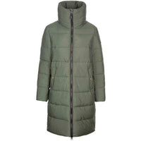 Women's puffer coat in ivy green, high stand collar, center front zipper.