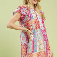 Pink mix patchwork mini dress with flutter cap sleeves and round neckline