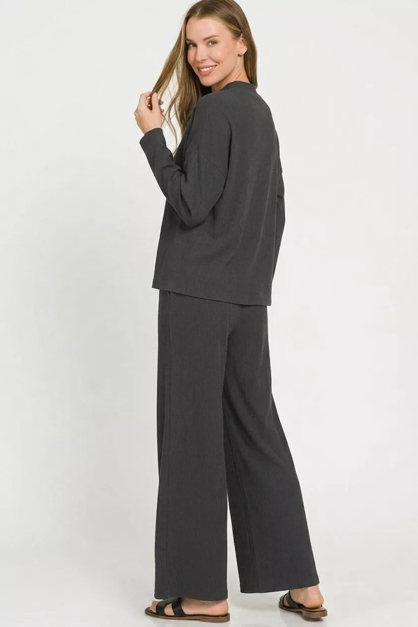 Black viscose sweater top and wide-leg pants set, side view, long sleeves