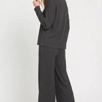 Black viscose sweater top and wide-leg pants set, side view, long sleeves