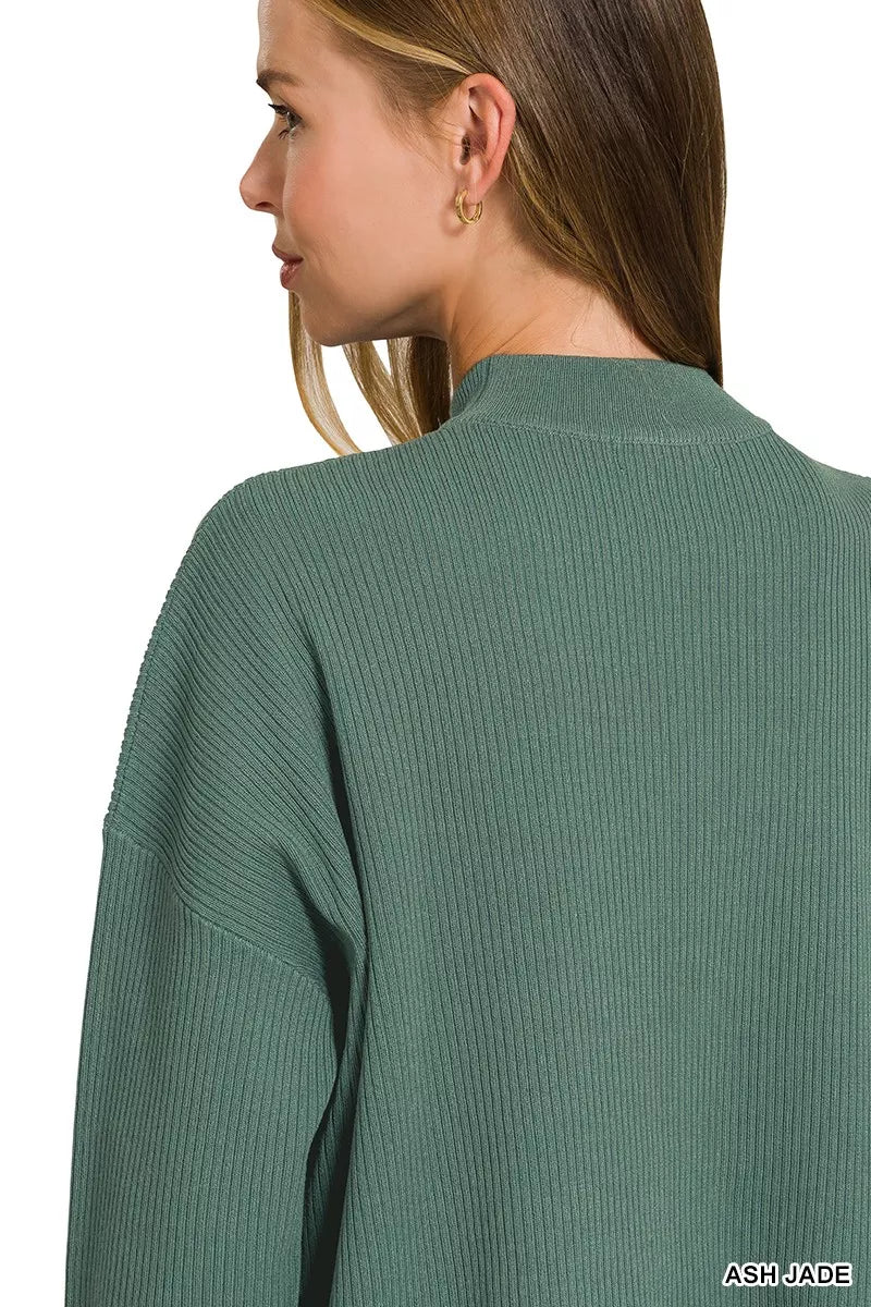 Teal-green crew-neck sweater top back with ribbed-knit texture