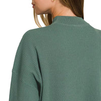 Teal-green crew-neck sweater top back with ribbed-knit texture