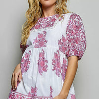 Ivory and pink floral hand-block print woven blouse with gathered neckline