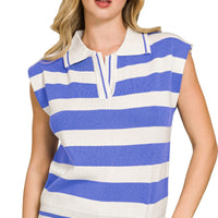 Sleeveless striped collared sweater vest in blue and ivory with front button placket