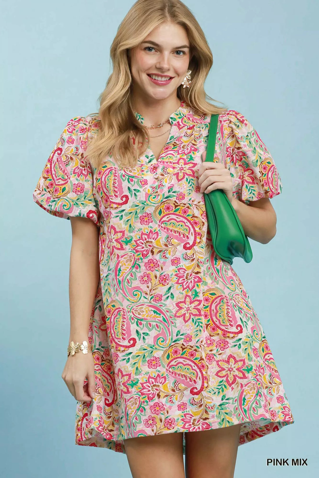 Pink mix paisley floral shift dress with puff sleeves and V-neck