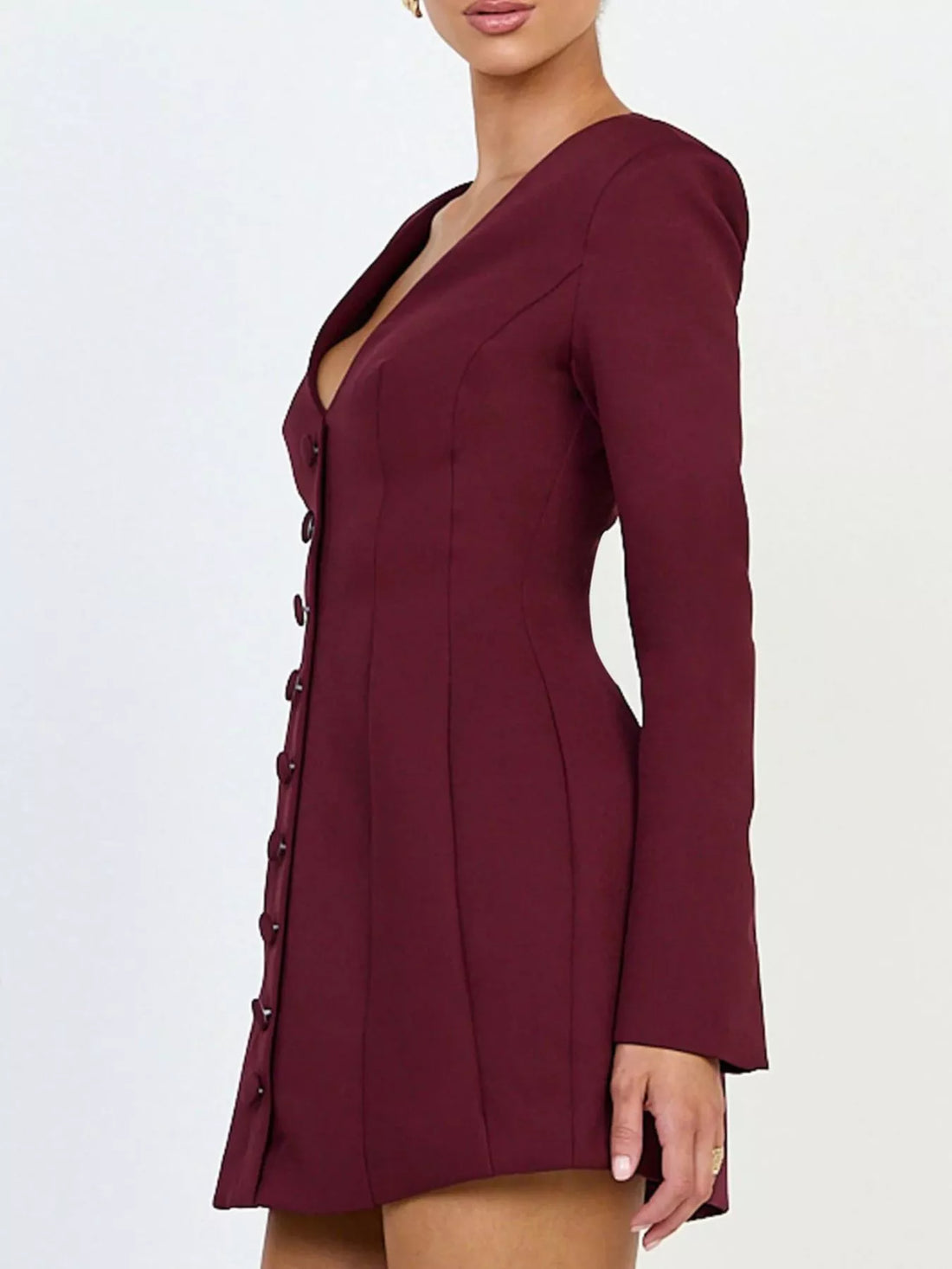 Wine red blazer dress with deep V-neck and long sleeves, button front detail