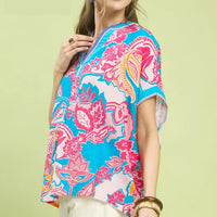 Blue and pink oversized print top, V-neck with contrast trim, short sleeves