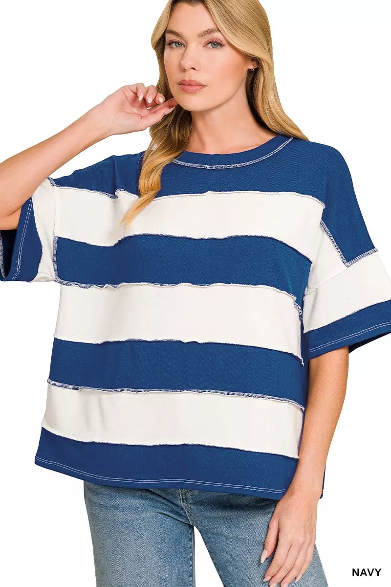 Navy and white striped French terry top with exposed seams, short sleeves