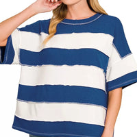 Navy and white striped French terry top with exposed seams, short sleeves