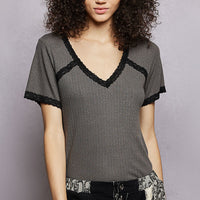 Charcoal textured V-neck short-sleeve T-shirt with black lace neckline edging