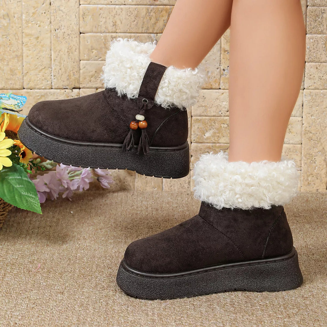 Faux fur lined ankle boots, round toe, dark brown suede with white fuzzy collar and tassel charm