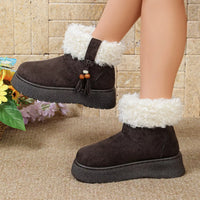 Faux fur lined ankle boots, round toe, dark brown suede with white fuzzy collar and tassel charm