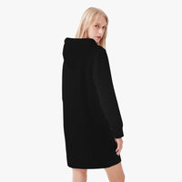 Black women’s hoodie dress side view with hood and white drawstring, long sleeves