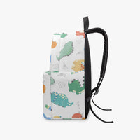 Dinosaur print canvas backpack with black side strap and top loop handle