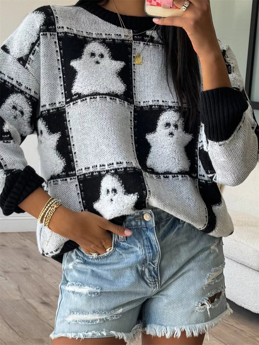Black/white ghost checkered drop-shoulder sweater, ribbed cuffs and hem