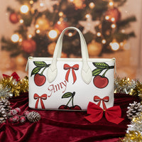 Leather White Tote Bag | Personalized Mini Cherry & Red Bow Purse