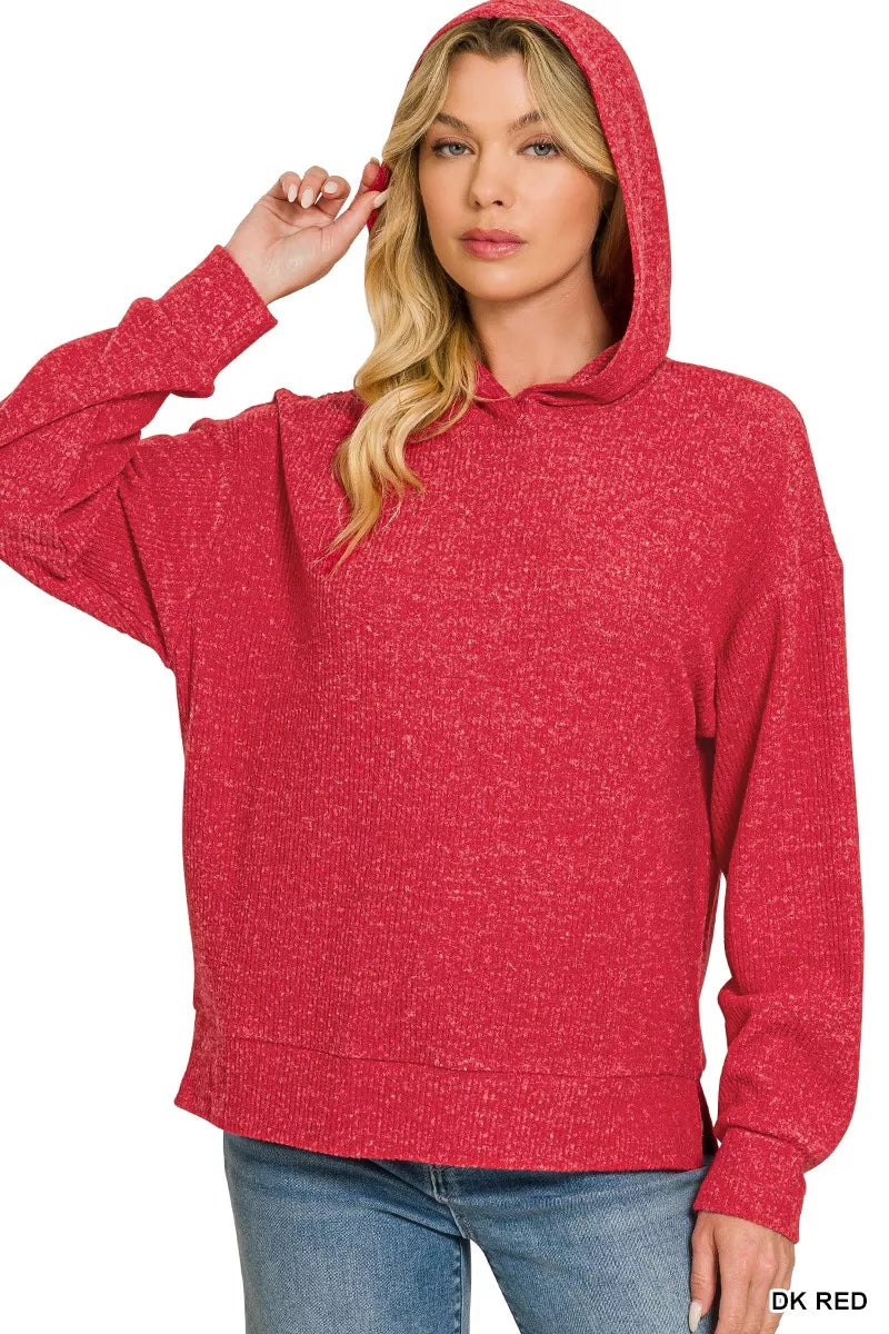 Red heather pullover hoodie with drawstring hood and front pocket