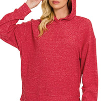 Red heather pullover hoodie with drawstring hood and front pocket