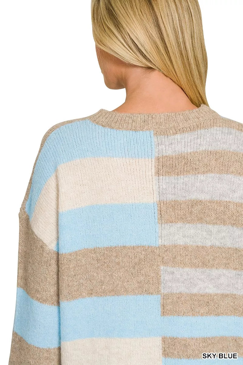 Lightweight color block sweater back, sky blue and beige stripe blocks