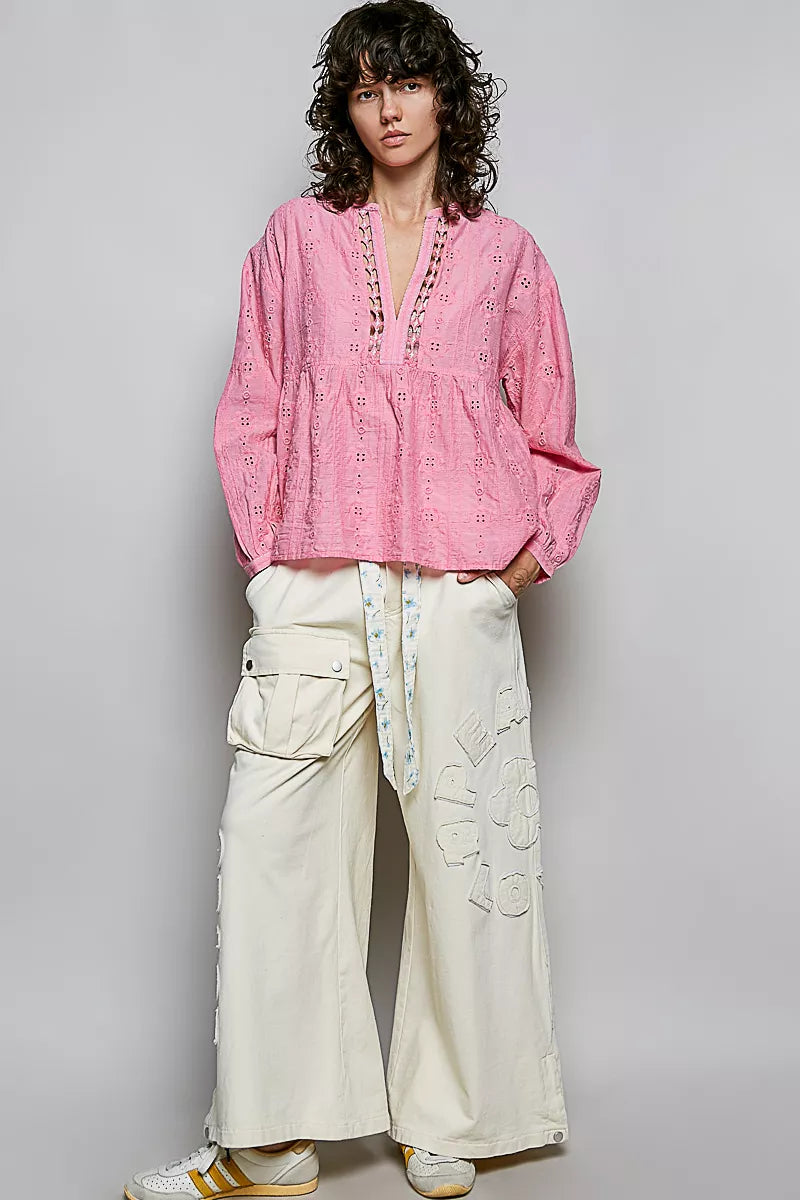 Pink eyelet lace cotton blouse with split V neckline and gathered bust; long puff sleeves