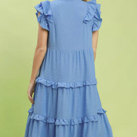 Light blue tiered midi dress with layered ruffle skirt and back view