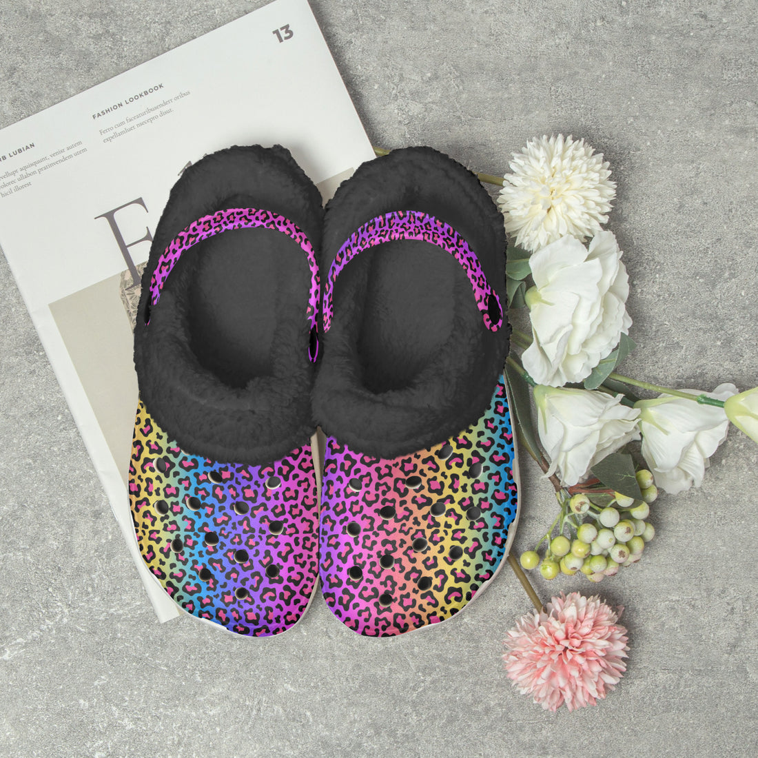 Rainbow Multi Color Leopard Print Lined Clogs