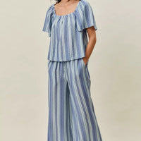 Blue and white vertical stripe wide-leg pull-on pants with elastic waistband