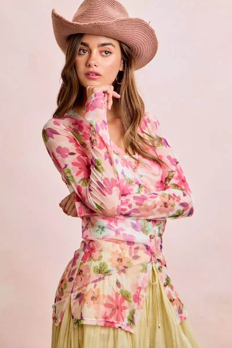 Floral mesh cardigan top in pink multi with V-neck, buttons, and tie drawstring hem