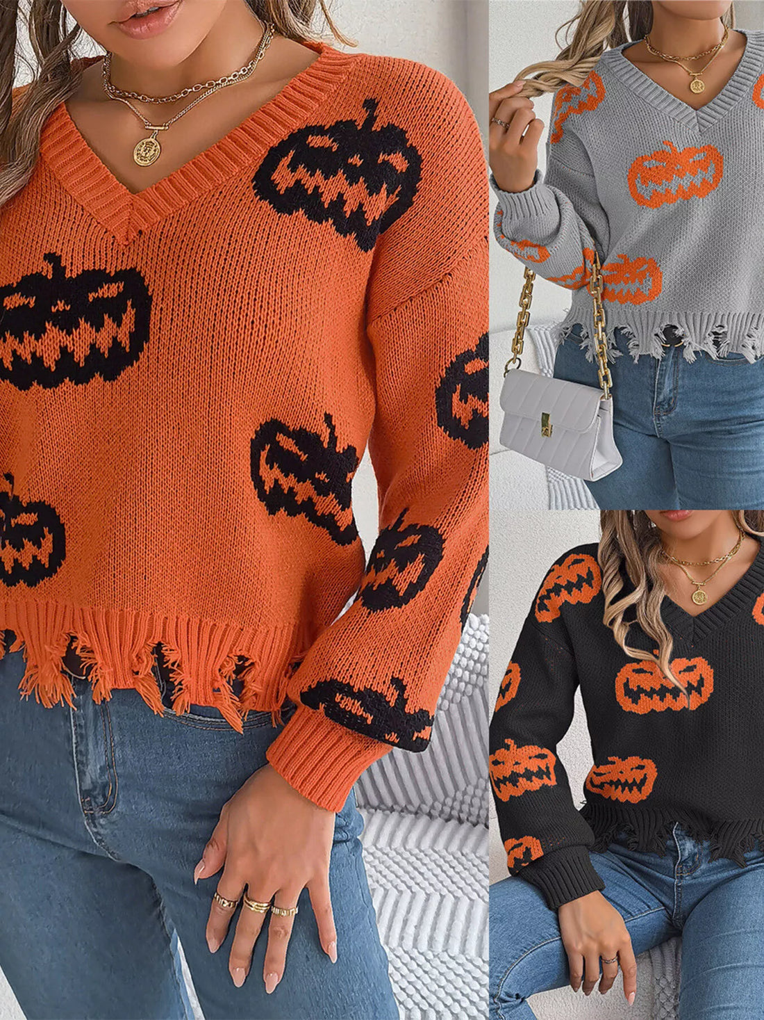 Orange knit V-neck sweater with black jack-o’-lantern intarsia and distressed fringe hem