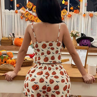 White pumpkin print cami and matching shorts lounge set with adjustable straps