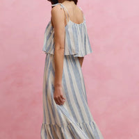 Lined midi dress with blue-and-white vertical stripes, tiered shoulder ties, tiered skirt