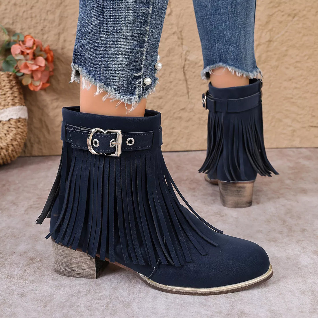 Blue suede fringe ankle boots with buckle strap and block heel