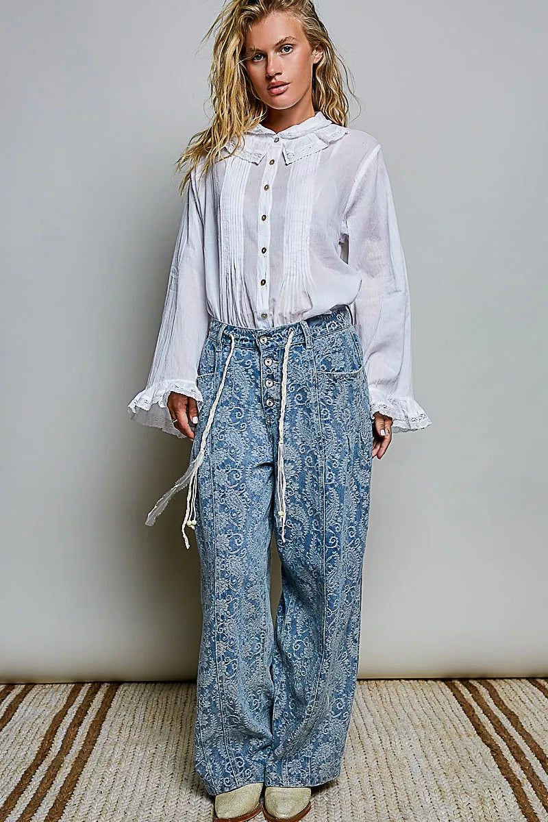 Ivory lace-trim button-down shirt with ruffled neckline and pintuck front