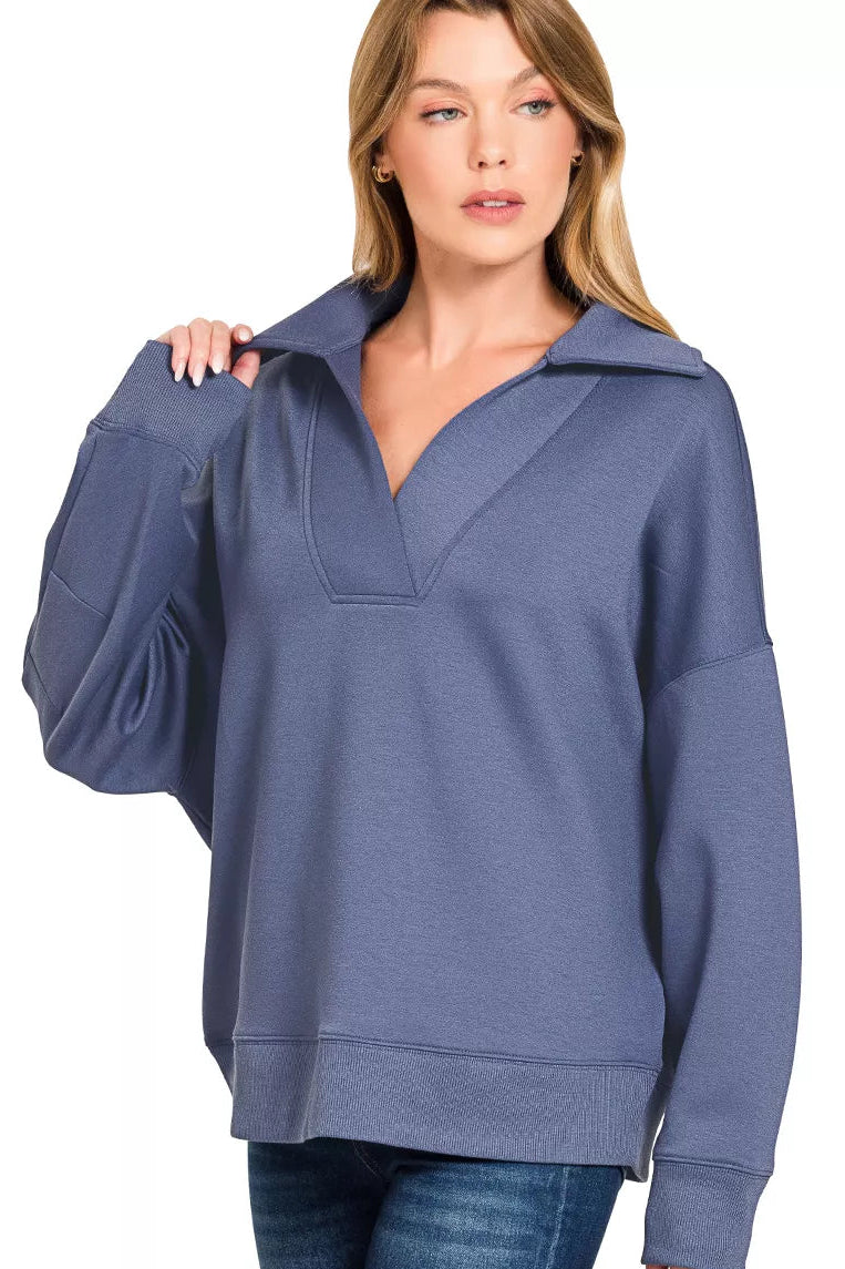 Blue indigo collared pullover with front pocket detail